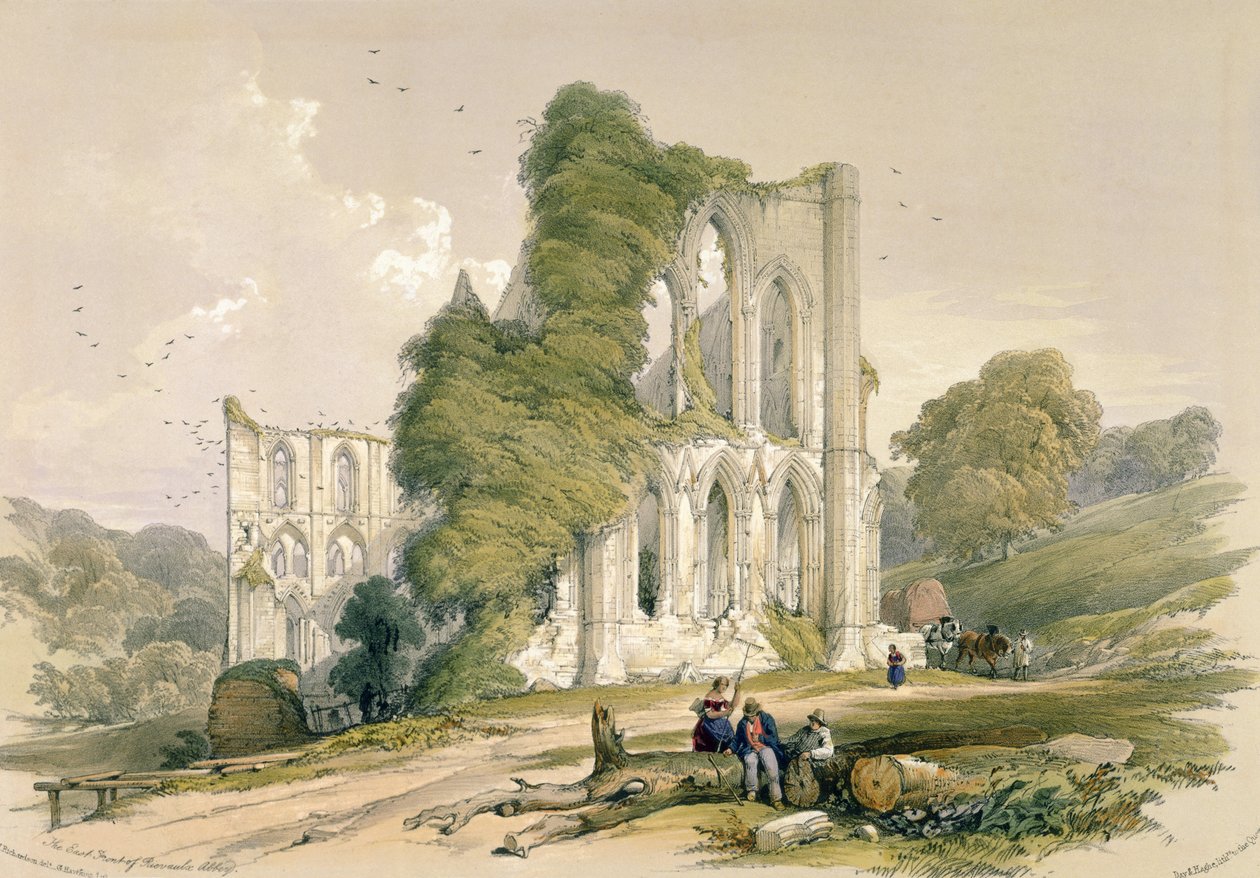 Opactwo Rievaulx, z frontu wschodniego, z „The Monastic Ruins of Yorkshire”, grawerowane przez George