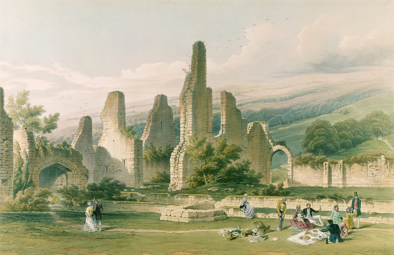 Opactwo Sawley, z „The Monastic Ruins of Yorkshire”, grawerowane przez George