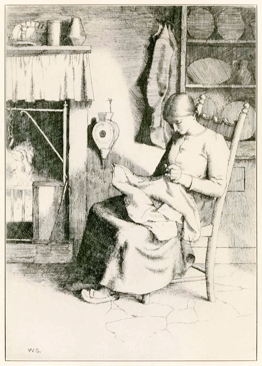 Miłosierdzie w jej pracy z filmu Pielgrzymi Postęp z tego świata, do tego, który ma nadejść autorstwa Johna Bunyana (1628-1688) ilustracja Williama Stranga (1859-1921) Miłosierdzie czyni i naprawia rzeczy dla ubogich. autorstwa William Strang