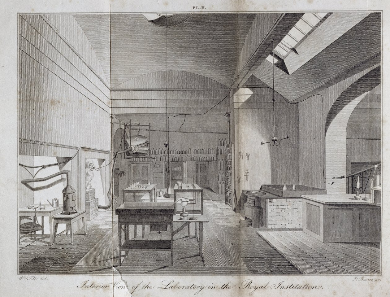 Wnętrze laboratorium w The Royal Institution, grawerowane przez Jamesa Basire
