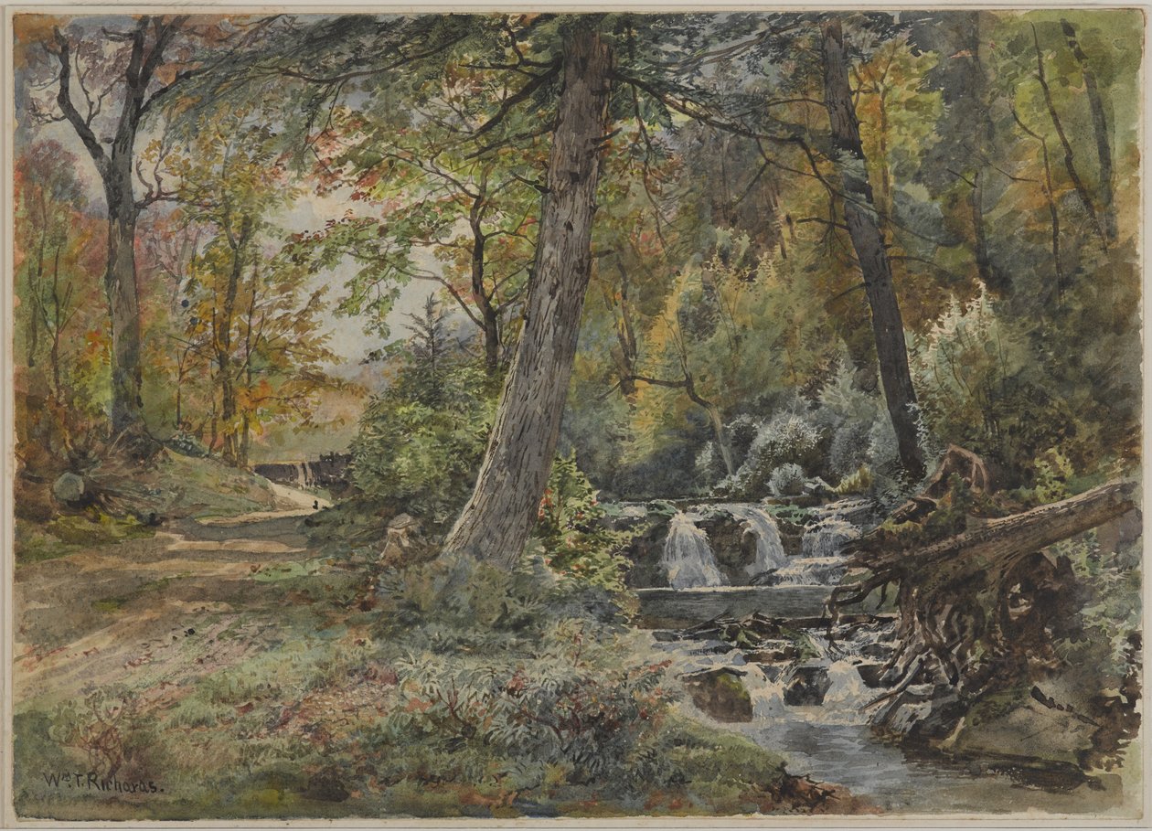 Landscape with Stream and Road, Chester County, ok. 1886 (wc nad grafitem na złamanej bieli, umiarkowanie grubym, umiarkowanie teksturowanym papierze tkanym) autorstwa William Trost Richards