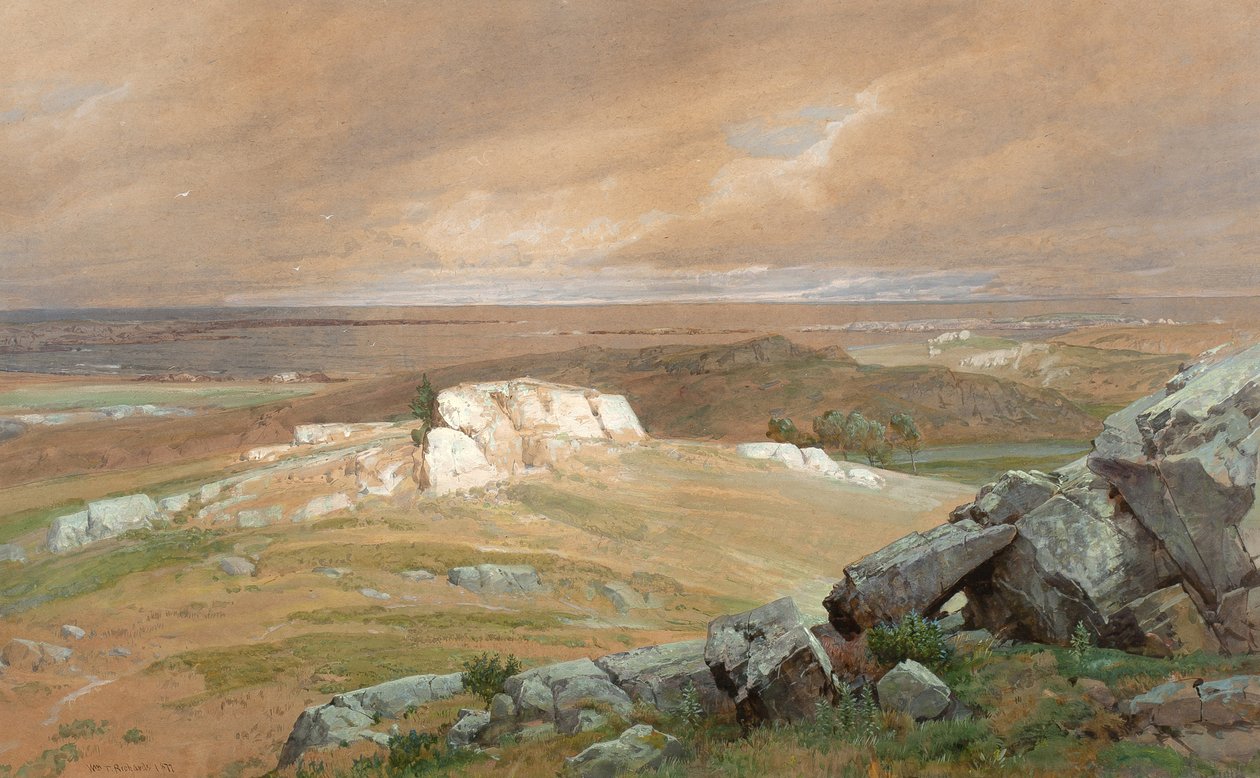 Blisko Newport, 1877 (toaleta i gwasz na niebiesko-zielonym papierze plecionym) autorstwa William Trost Richards