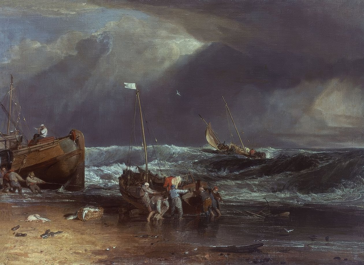 PODNOSZENIE ŁODZI W DZIEŃ SZTURMU - XIX WIEKU. Künstler: JOSEPH MALLORD WILLIAM TURNER. Miejsce: KENWOOD HOUSE / COL IVEAGH BEQUE, LONDYN, ANGLIA autorstwa Joseph Mallord William Turner