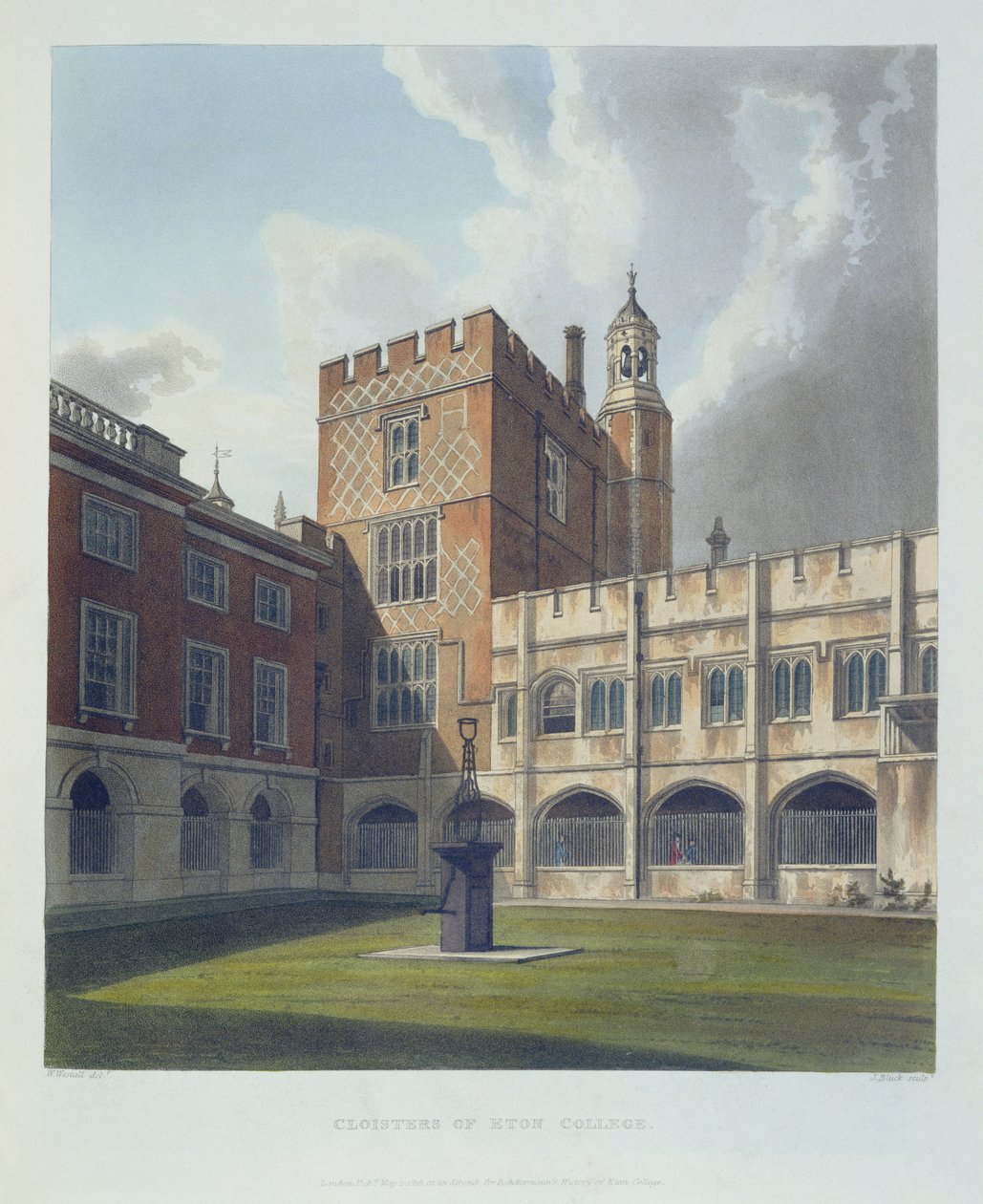 Krużganki Eton College, z Historii Eton College, część Historii Kolegiów, ryt. J. Bluck (fl.1791-1831) wyd. R. Ackermann, 1816 (akwatinta) autorstwa William after Westall
