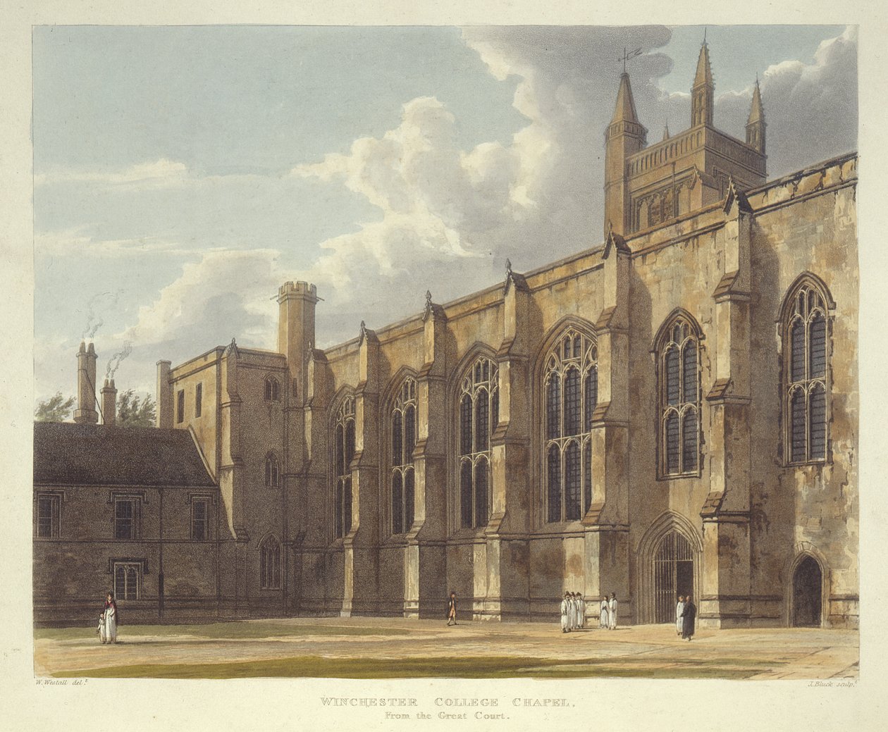 Winchester College Kaplica z Wielkiego Dziedzińca, z Historii Winchester College, część Historii Kolegiów, ryt. J. Bluck (fl.1791-1831) wyd. R. Ackermann, 1816 (akwatinta) autorstwa William after Westall