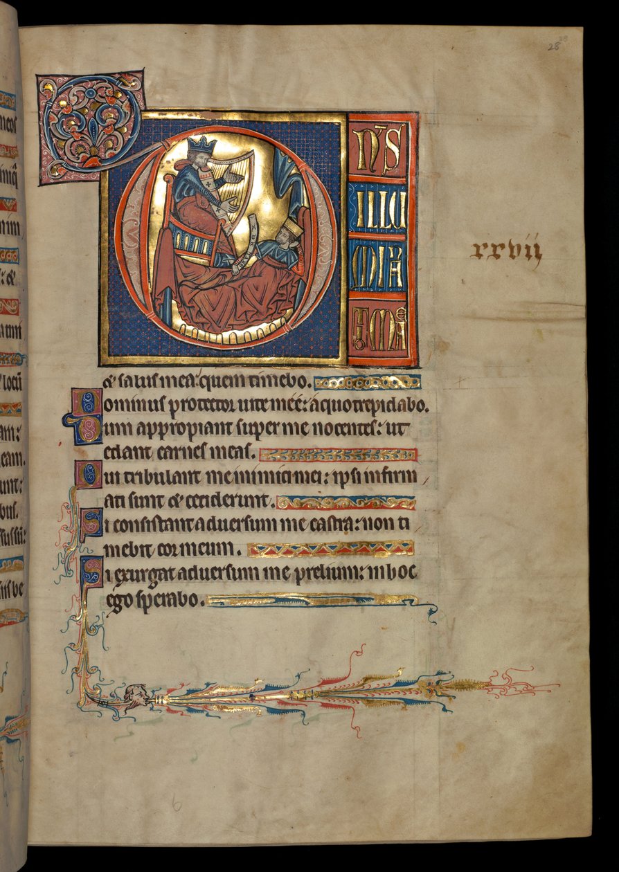 Ms 322 f.28r, Psalm 26, inicjał D, Dawid grający na harfie przed Saulem, ilustracja z 