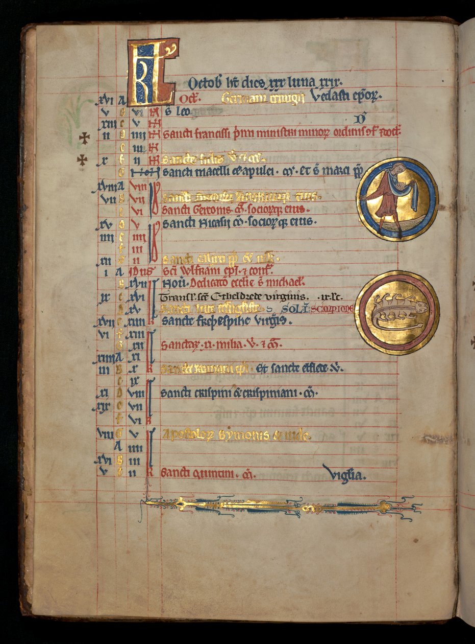 Ms 322 f.5v, październik, mężczyzna siejący, ilustracja z "De Brailes Psalter", ok. 1250 r. autorstwa William de Brailes  