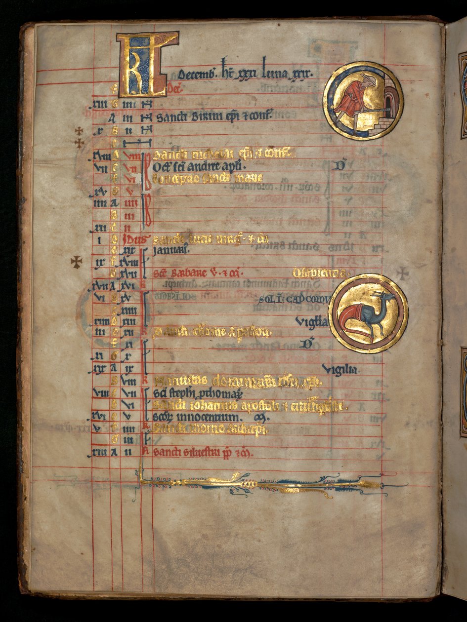 Ms 322 f.6v, grudzień, mężczyzna wkładający bochenki do pieca, ilustracja z "De Brailes Psalter", ok. 1250 r. autorstwa William de Brailes  