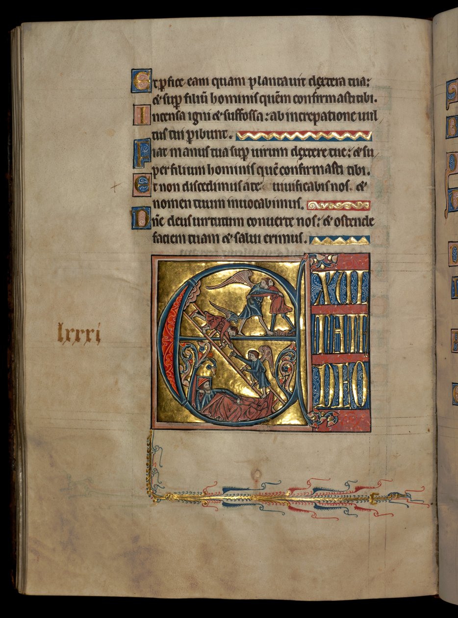 Ms 322 f.82v, Psalm 80, inicjał E, Jakub zmagający się z aniołem, sen Jakuba, ilustracja z 