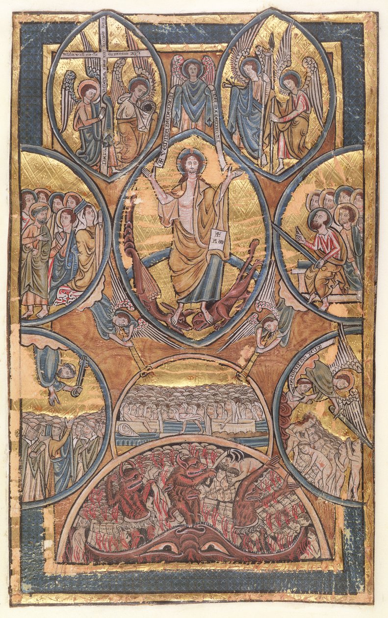 Ms 330 f.3 وروستی قضاوت د روښانفکر د ځان انځور سره د هغه ساتونکي فرښتې لخوا ژغورل شوی، د psalter څخه، c.1240 poli autorstwa William de Brailes  