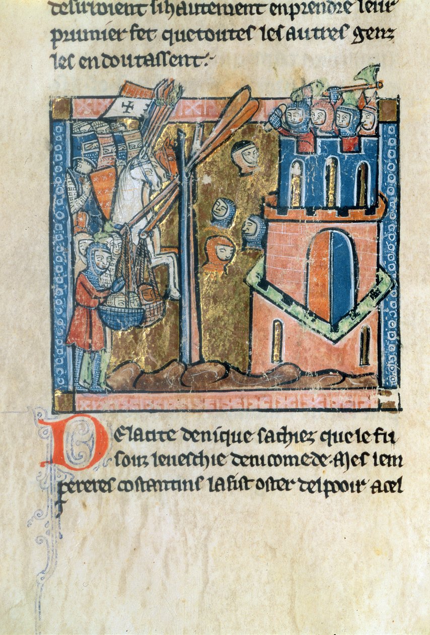 Fr.2630 f.22v Crusaders bombardują Niceę głowami w 1097, z Estoire d