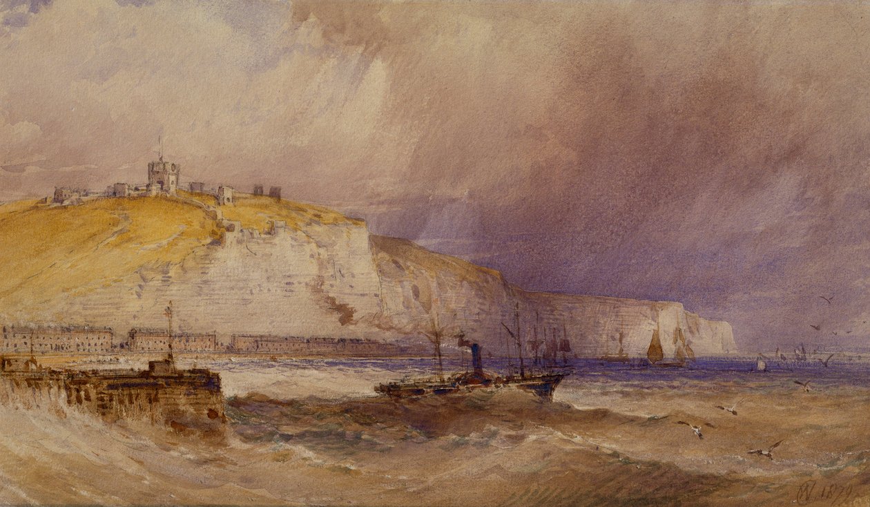 Parowiec wiosłowy opuszczający port w Dover, 1879 r. autorstwa William Callow
