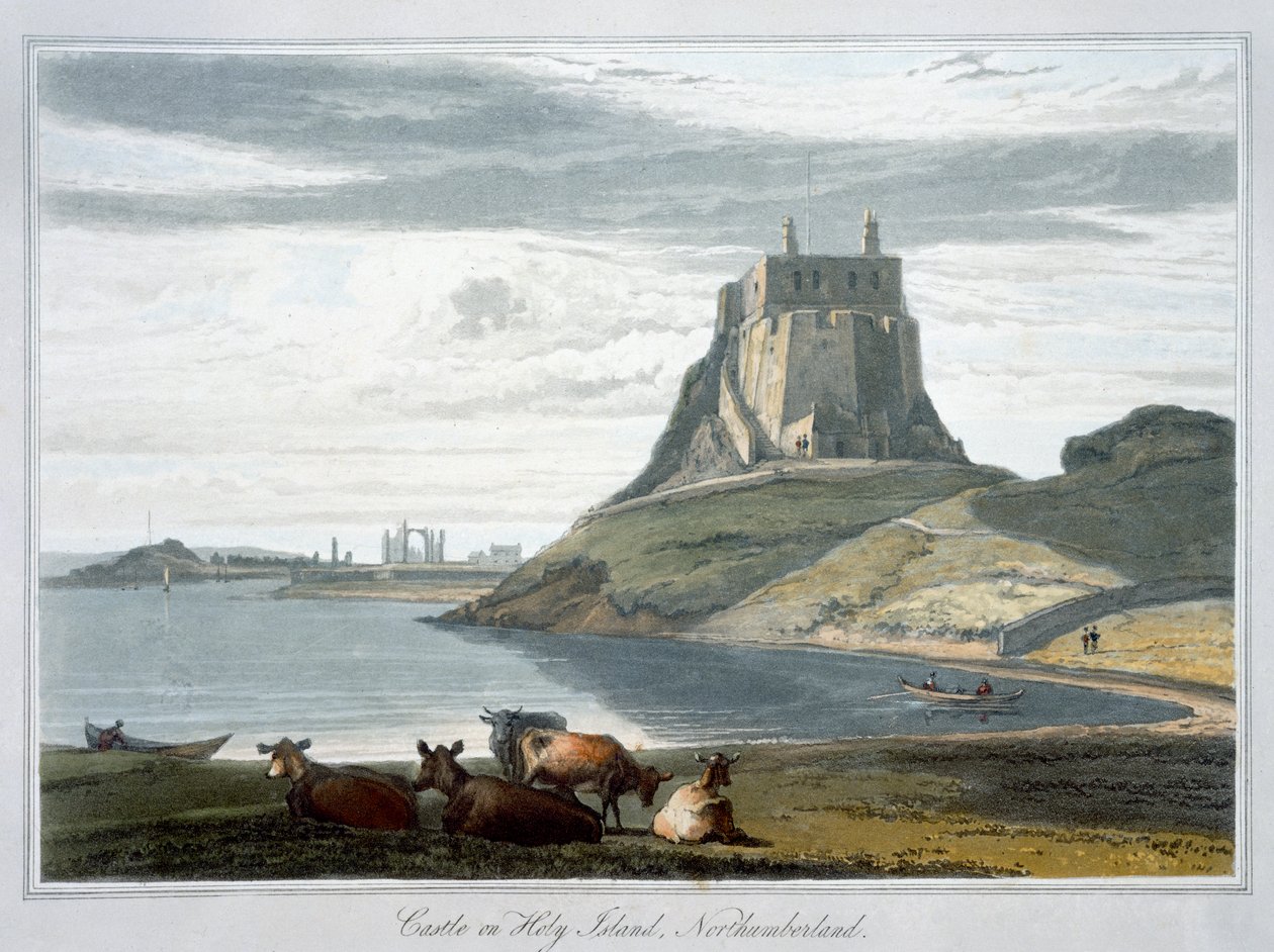 „Zamek na Świętej Wyspie, Northumberland”, 1822 r. autorstwa William Daniell