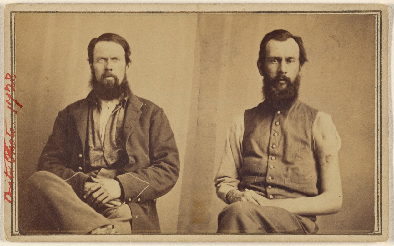 [Dwie niezidentyfikowane ofiary wojny secesyjnej w pozycji siedzącej]. autorstwa William H. Bell