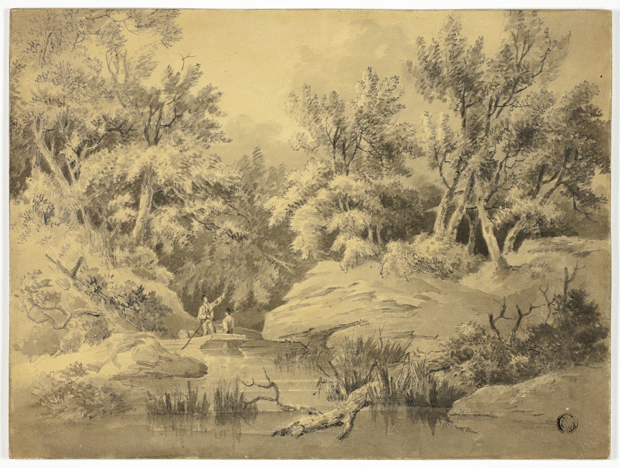 Dwie postacie uderzające w strumień Woodland Stream autorstwa William Henry Pyne