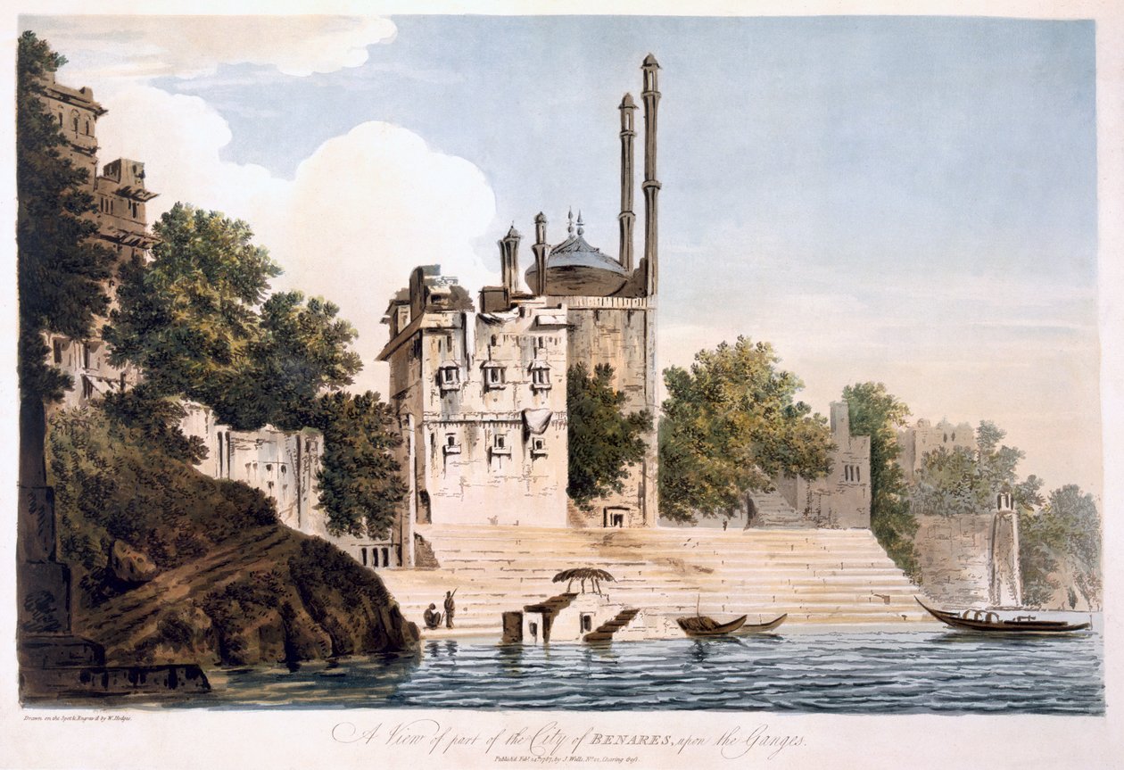 Benares nad Gangesem, 1787 (akwatinta) autorstwa William Hodges