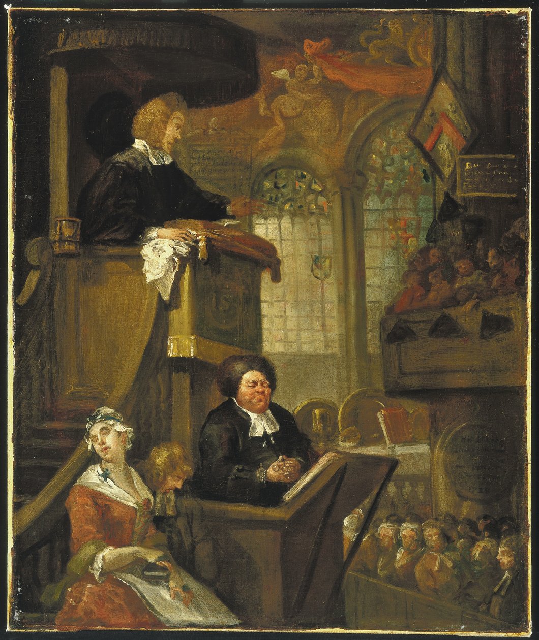 Zbór Śpiący, 1728 autorstwa William Hogarth