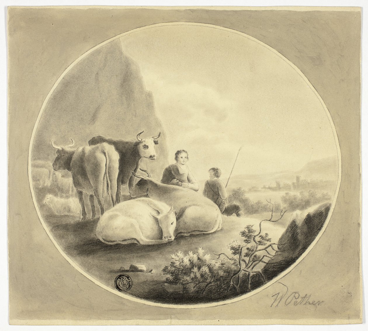 Pasterze, krowy i owce w krajobrazie autorstwa William Pether