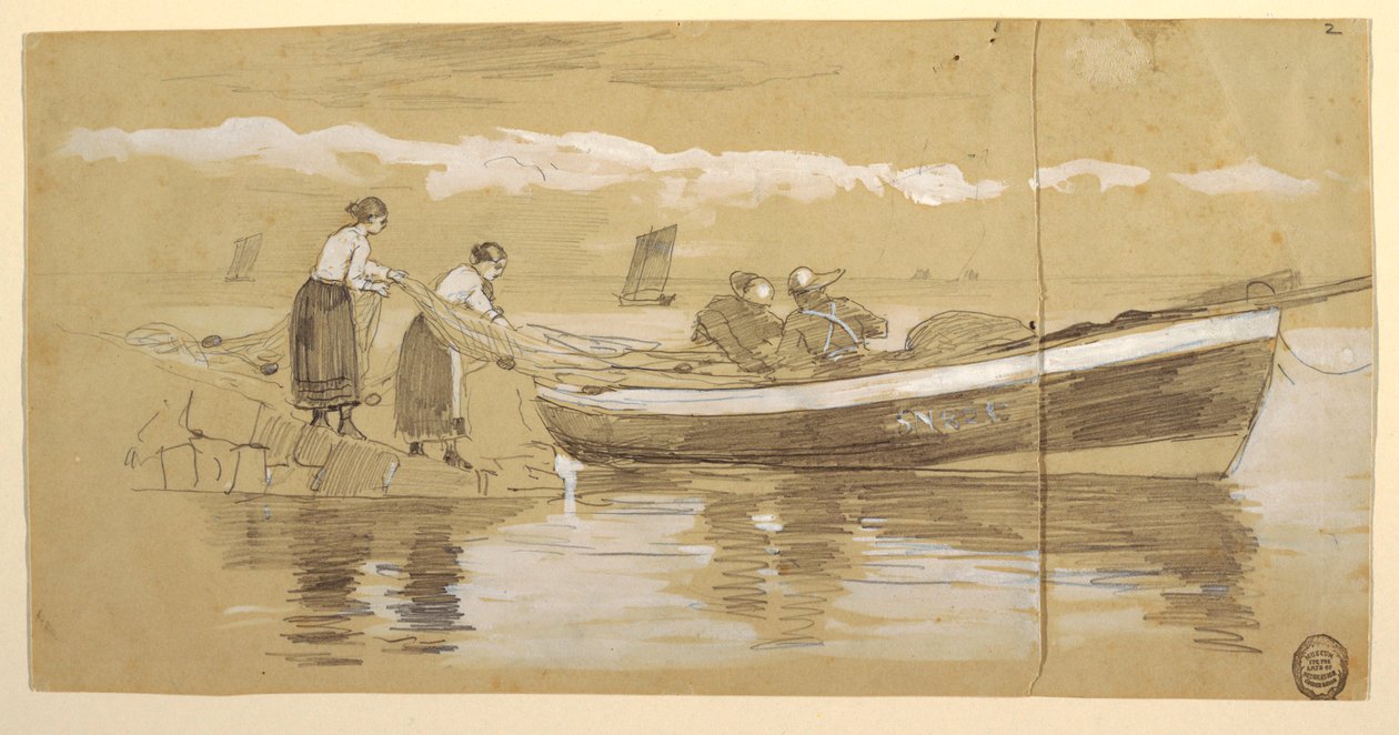 Rysowanie, rybak i kobiety chowające sieci w wyrzuconej na brzeg dory, Cullercoats, Anglia autorstwa Winslow Homer
