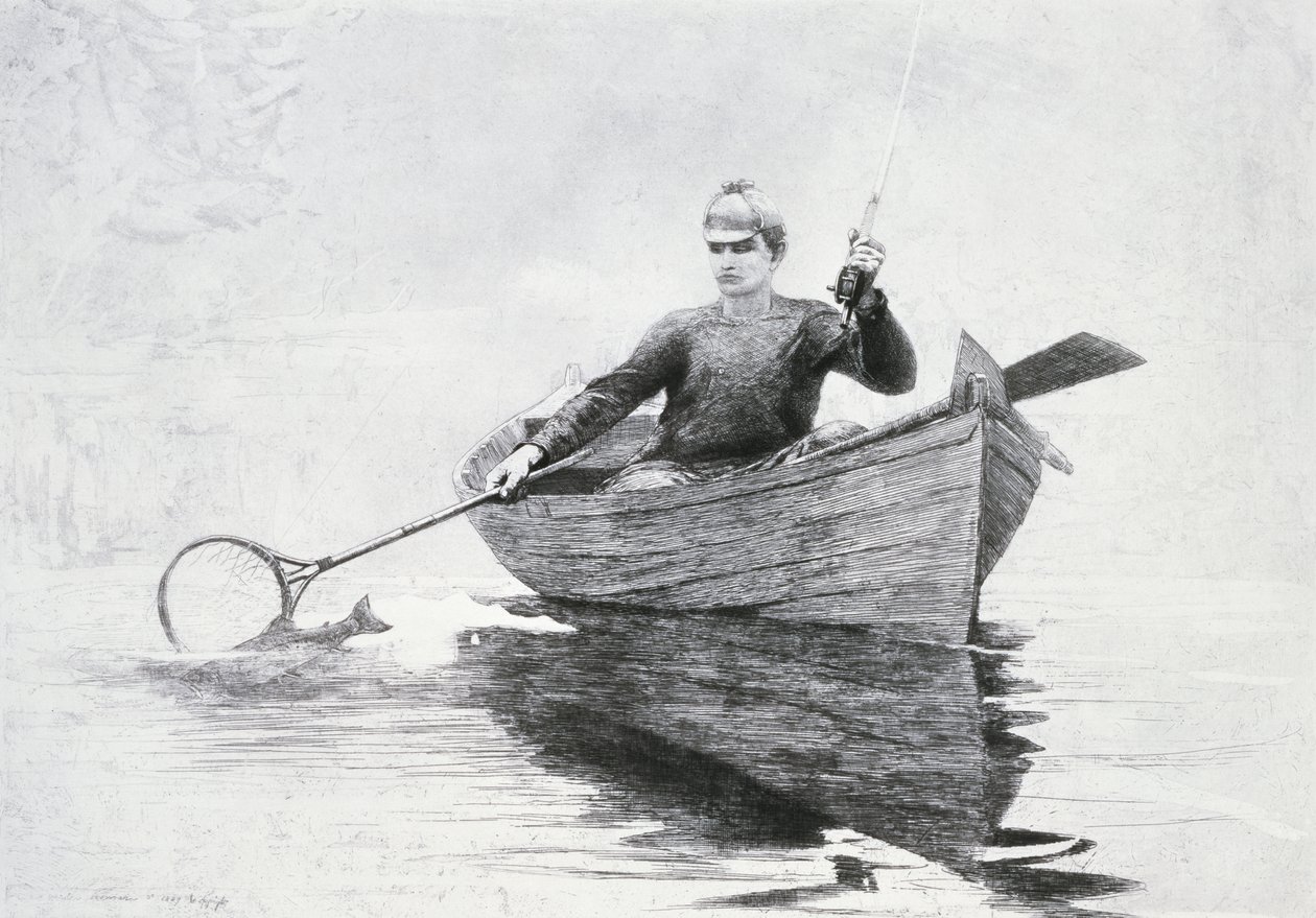 Fly Fishing on Saranac Lake, 1889 (akwaforta i akwatinta na papierze simili-japońskim) autorstwa Winslow Homer