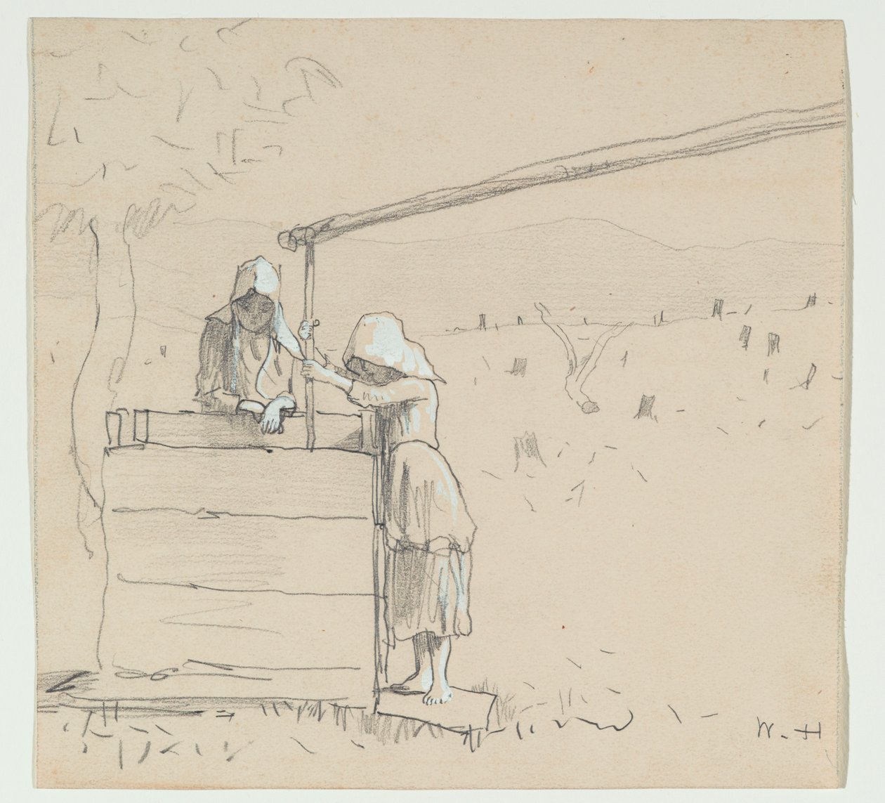 Dziewczyny przy studni, 1879 (grafit i toaleta na papierze) autorstwa Winslow Homer