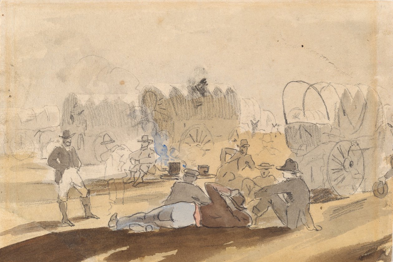 Przyczepa kempingowa z odpoczywającymi krytymi wagonami [recto], 1861. autorstwa Winslow Homer