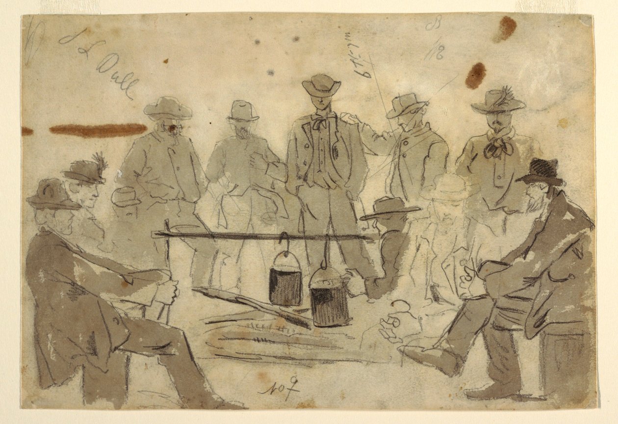 Rysunek, ognisko z żołnierzami zgrupowanymi wokół, 1862 r. autorstwa Winslow Homer
