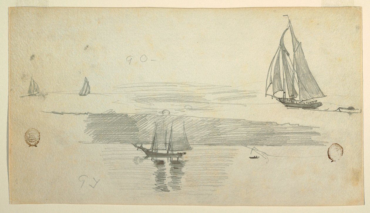Rysunek, Cztery szkunery, prawdopodobnie 1880 r. autorstwa Winslow Homer