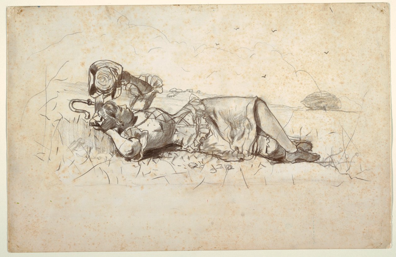 Rysunek przedstawiający odpoczywającą pasterkę, 1877 r. autorstwa Winslow Homer