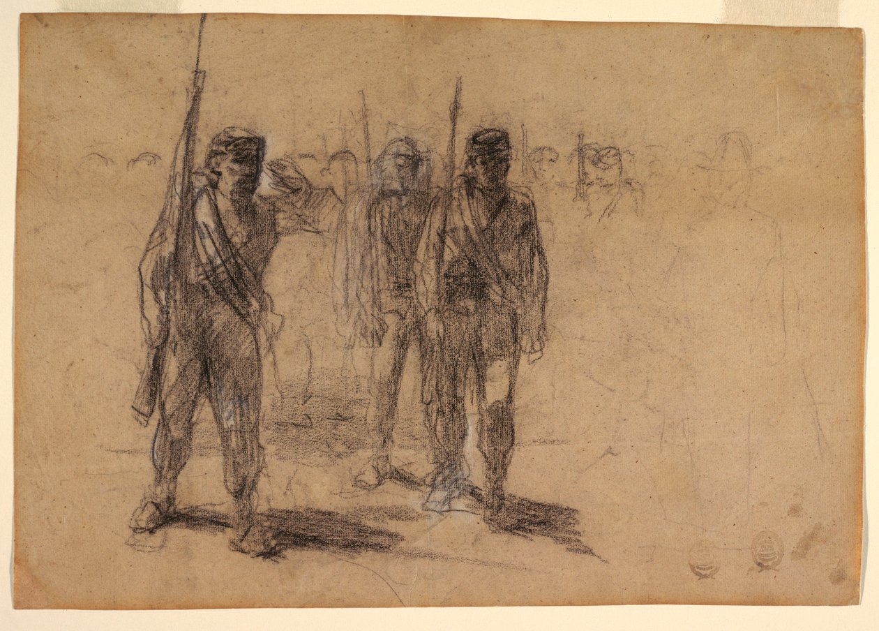 Rysunek przedstawiający musztrę żołnierską, prawdopodobnie 1864 r. autorstwa Winslow Homer
