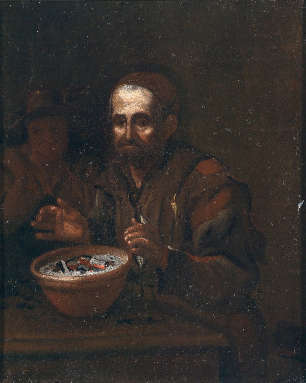 Stary człowiek grzejący się przy ogniu węglowym autorstwa Workshop of Michiel Sweerts