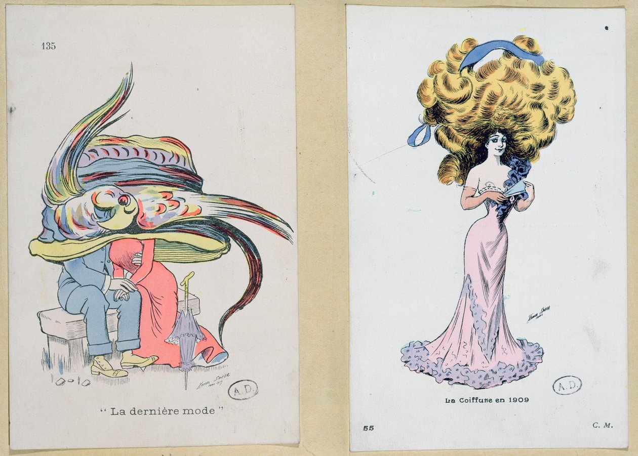 „La Derniere Mode”, modne talerze karykaturujące fryzury i fryzury, 1909 autorstwa Xavier Sager