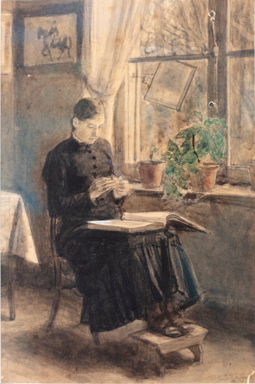 Mulher rendeira (La Dentellière) (aquarela) polonês autorstwa Xavier Mellery