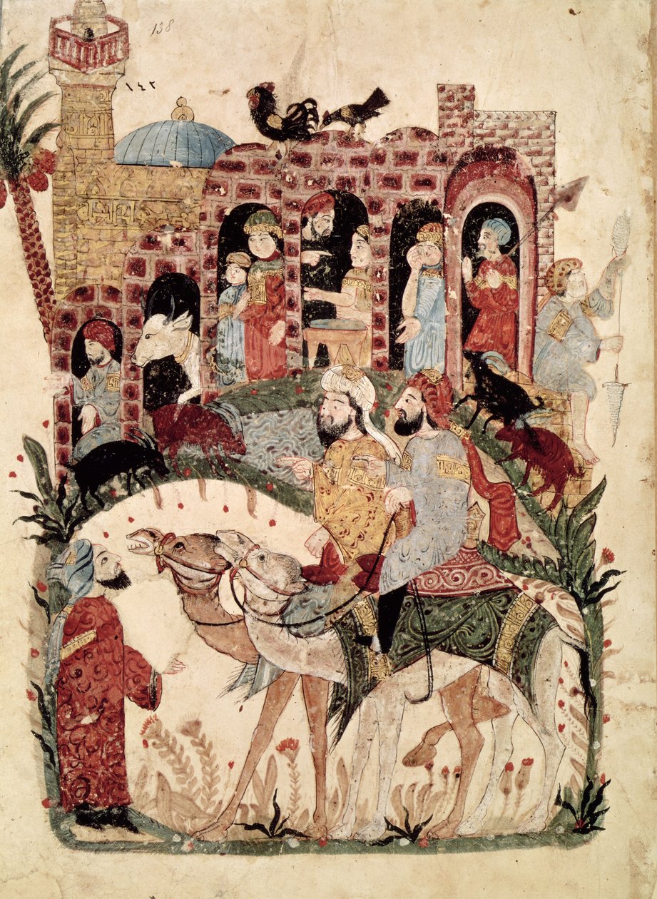 Pani Ar 5847 f.138, Abu Zayd i Al-Harith przesłuchujący wieśniaków, z „Al Maqamat” (Spotkania) autorstwa Al-Haririego, c.1240 autorstwa Yahya ibn Mahmud Al Wasiti