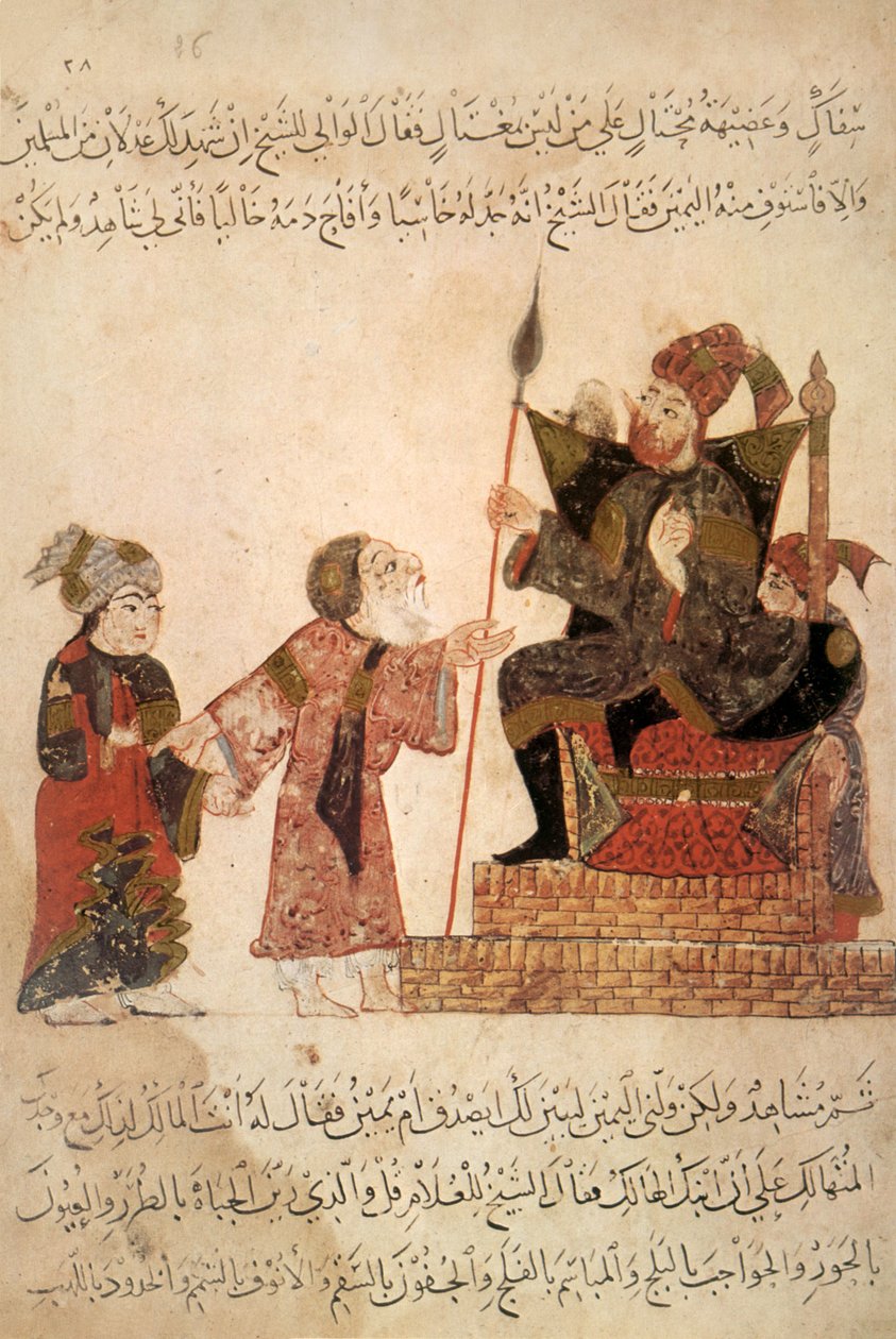 Pani Ar 5847 f.6, Abu Zayd przed gubernatorem Rabatem, z Al Maqamat przez Al Hariri, ok. 1240 (gwasz na welinie) autorstwa Yahya ibn Mahmud Al Wasiti