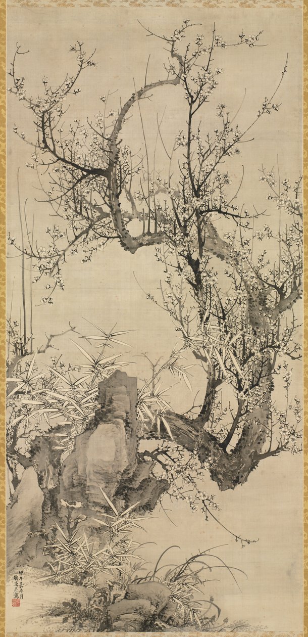 Śliwki, bambus i orchidea, 1834. autorstwa Yamamoto Baiitsu