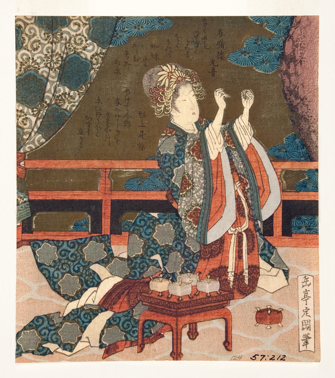 Chińska kobieta badająca nić, 1823-25 (drzeworyt) autorstwa Yashima Gakutei