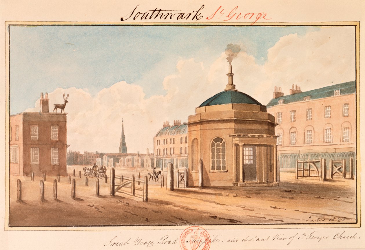 Turnpike na Great Dover Road, Southwark, Londyn, 1825 autorstwa Yates
