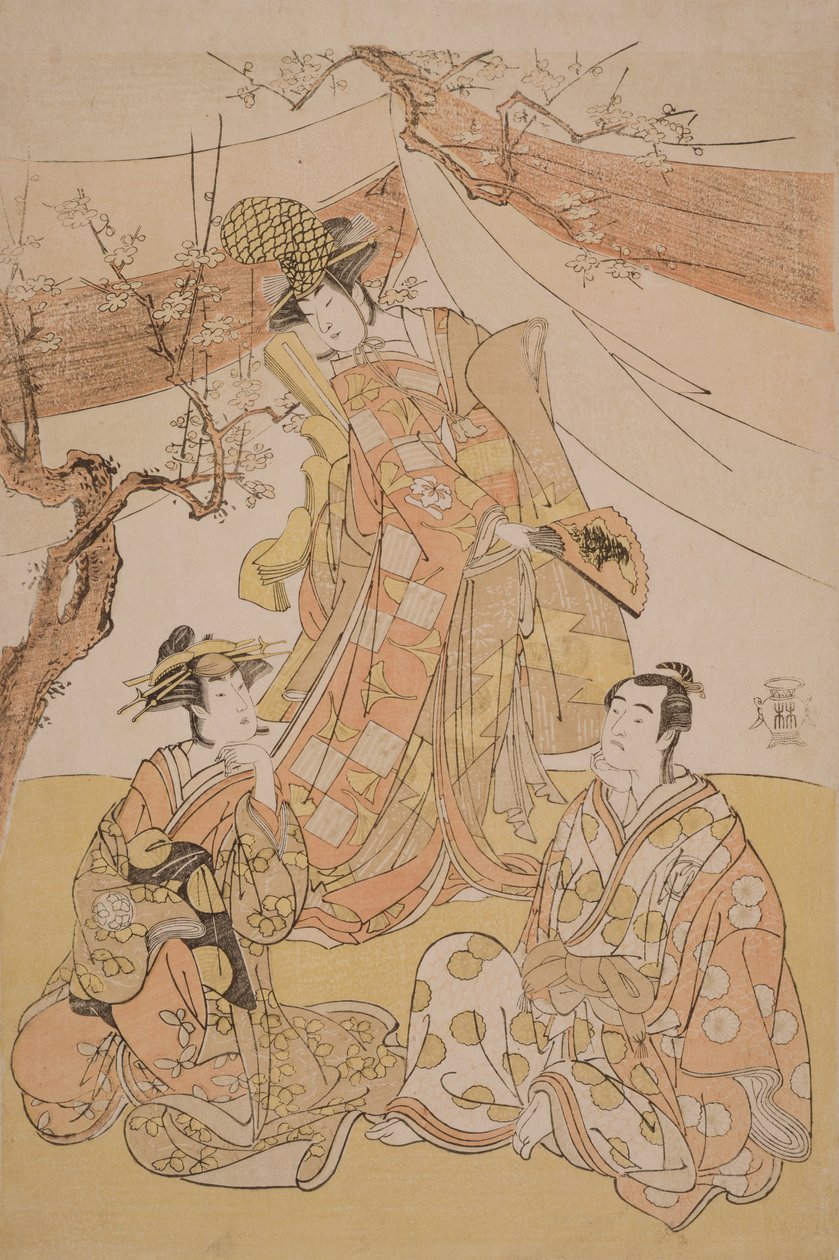 Trzej aktorzy w scenie z filmu „Bambus pokryty śniegiem: Genji w długich rękawach”, 1785 (drewnodruk) autorstwa Yushido Shunsho