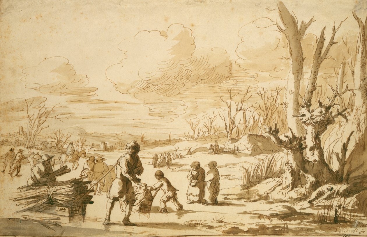 Ciesząc się lodem, 1680 (pióro i ołówek na papierze) autorstwa Zacharias Blyhooft