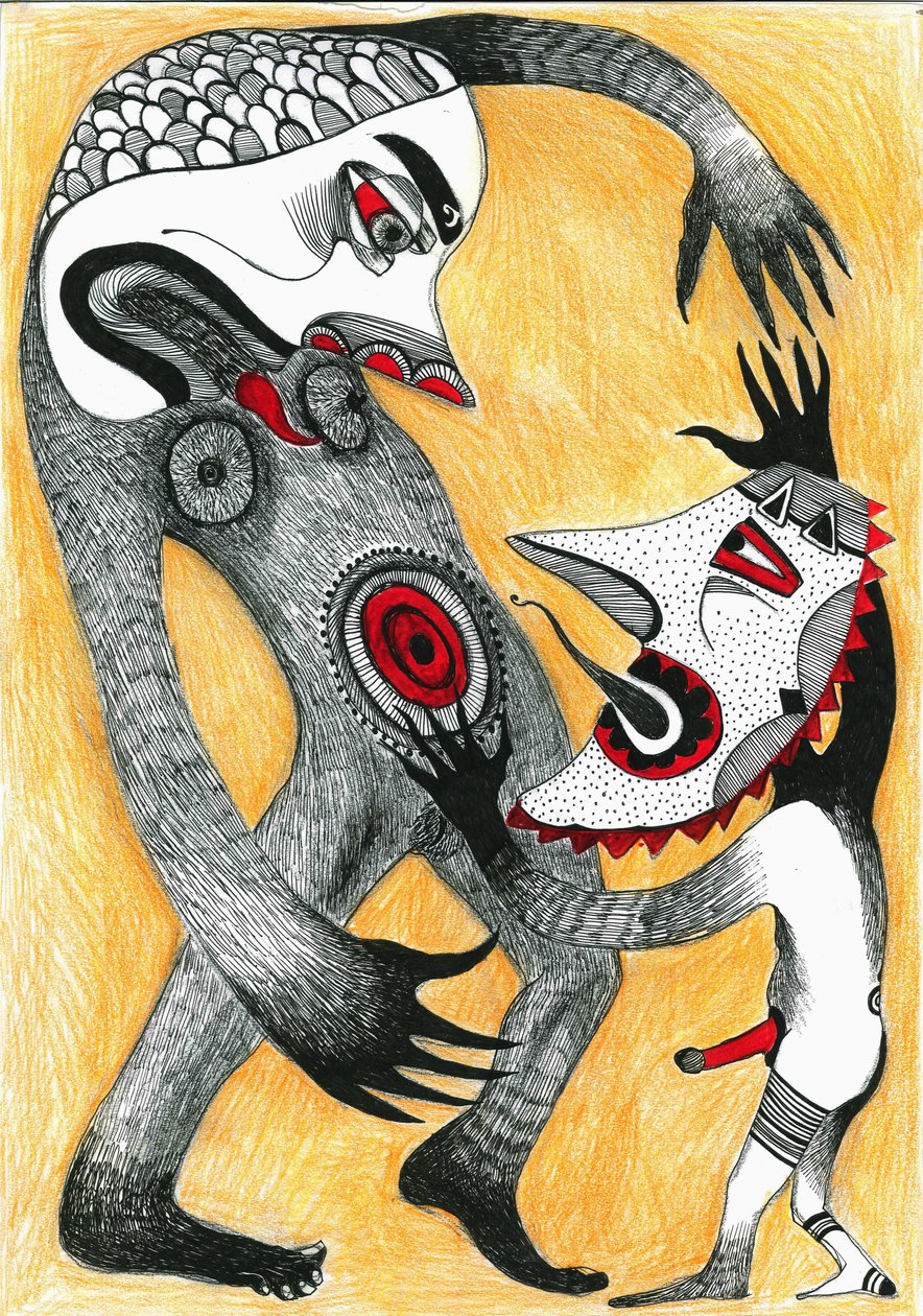 Fight, 2012 (pióro, tusz i kredki na papierze) autorstwa Zanara Sabina Nedelcheva Williams