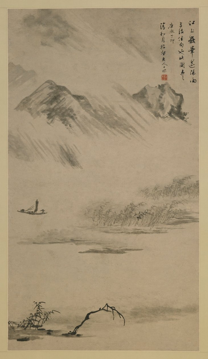 Krajobraz rzeczny w deszczu, prowincja Anhui, Chiny, dynastia Qing, 1687 (tusz na papierze) autorstwa Zha Shibiao