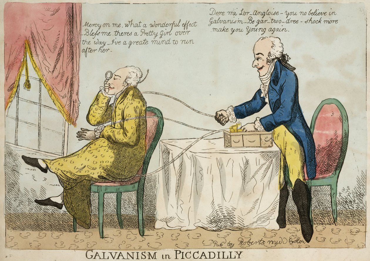 Elektroterapia „Galwanizm na Piccadilly”, ok. 1800 autorstwa Frederick (attr. to) Barnard