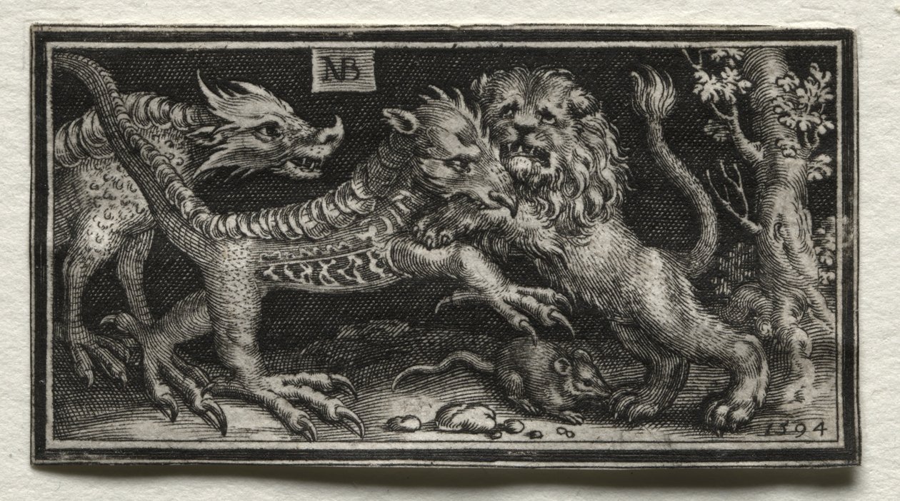Lew walczący z dwiema bestiami autorstwa attributed to Tobias Stimmer