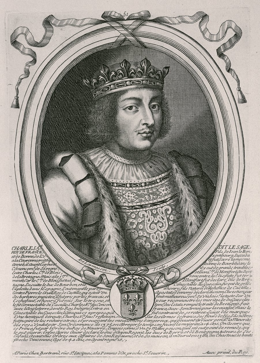 Karol V Mądry (1338-80) Król Francji, z „Les Augustes Representations de tous les Rois de France od Faramonda do Ludwika XIV”, Paryż, 1679 autorstwa Nicolas II de Larmessin