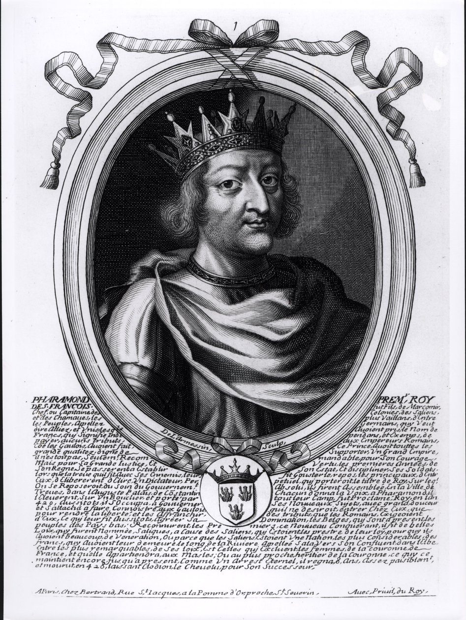 Pharamond (zm. 427) legendarny król Francji, z „Les Augustes Representations de tous les Rois de France od Pharamonda do Ludwika XIV”, Paryż, 1679 autorstwa Nicolas II de Larmessin