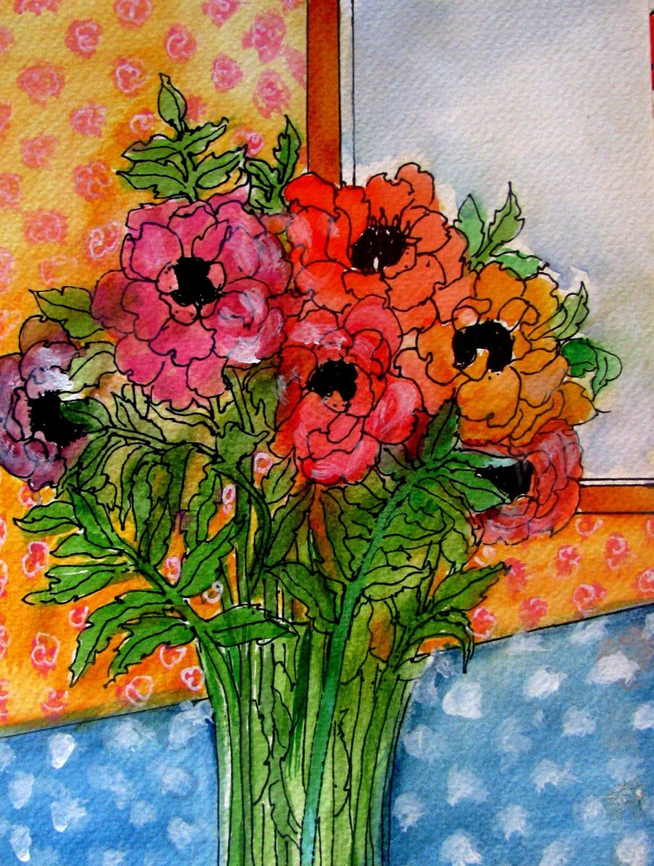 Kwiaty w wazonie, 2014 (akwarela, tusz) autorstwa linda arthurs