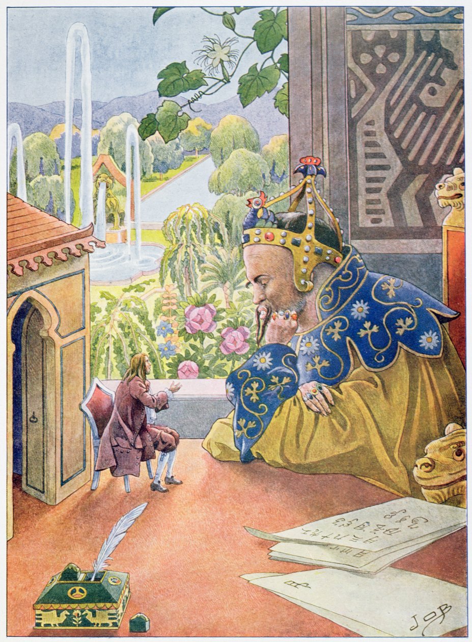 Gulliver opisuje system rządów w Anglii królowi Brobdingnag, ok. 1900 r. autorstwa Jacques Marie Gaston Onfray de Breville (Job)