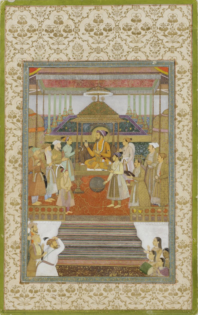 Cesarz Shah Jahan na "Pawim Tronie", 1640 (papier nieprzezroczysty, złoto i wosk) autorstwa son of Aqa Riza Abid