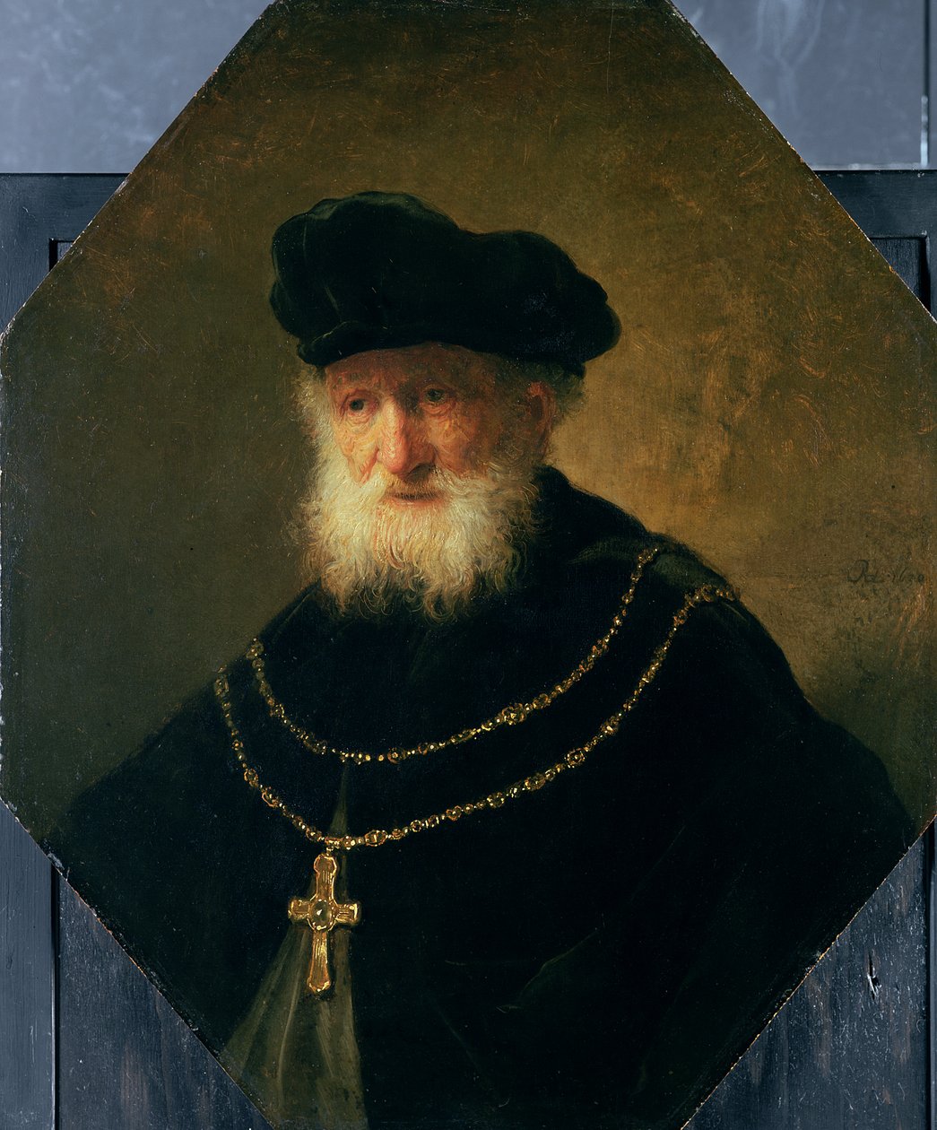 Głowa starca noszącego krzyż, 1630 autorstwa studio of Rembrandt Harmensz. van Rijn